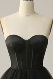 A Line Sweetheart Black Corset Ball Dress with Ruffled
