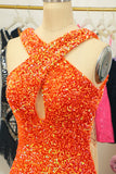 Glitter Orange Halter Backless Sequins Tight Cocktail Dress