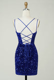 Sheath Royal Blue Sequins Short Cocktail Dress with Criss Cross Back