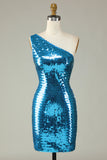 Glitter Royal Blue One Shoulder Sequins Tight Short Ball Dress