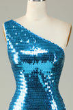 Glitter Royal Blue One Shoulder Sequins Tight Short Ball Dress