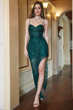 Green Sheath Spaghetti Straps Sequins Ball Dress with Split Front