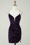 Sparkly Purple Sequins Backless Tight Short Cocktail Dress with Slit