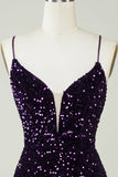 Sparkly Purple Sequins Backless Tight Short Cocktail Dress with Slit