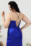 Sheath Spaghetti Straps Royal Blue Plus Size Ball Dress with Split Front