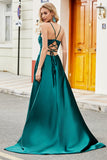 Trendy A Line Spaghetti Straps Peacock Green Long Ball Dress with Appliques