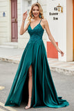 Trendy A Line Spaghetti Straps Peacock Green Long Ball Dress with Appliques