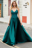 Trendy A Line Spaghetti Straps Peacock Green Long Ball Dress with Appliques