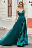 Trendy A Line Spaghetti Straps Peacock Green Long Ball Dress with Appliques