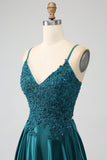 Peacock Green A-Line Spaghetti Straps Long Ball Dress with Slit