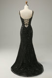 Mermaid Spaghetti Straps Black Sequins Long Ball Dress with Split Front