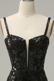 Mermaid Spaghetti Straps Black Sequins Long Ball Dress with Split Front