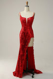 Sheath Spaghetti Straps Red Long Ball Dress with Split Front