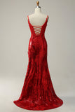 Sheath Spaghetti Straps Red Long Ball Dress with Split Front