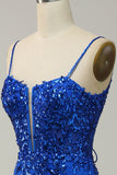 Mermaid Spaghetti Straps Royal Blue Sequins Long Ball Dress with Split Front