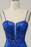 Mermaid Spaghetti Straps Royal Blue Sequins Long Ball Dress with Split Front