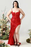 Mermaid Spaghetti Straps Red Sequins Plus Size Ball Dress with Split Front