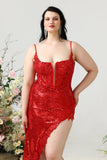 Mermaid Spaghetti Straps Red Sequins Plus Size Ball Dress with Split Front