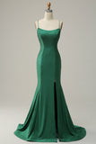 Mermaid Spaghetti Straps Dark Green Long Ball Dress with Beading
