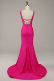 Fuchsia Mermaid V-Neck Beaded Ball Dress