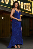 Royal Blue Mermaid Lace-Up Back Sequin Long Ball Dress with Slit