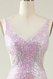 Sheath V Neck Lilac Sequins Long Ball Dress with Split Front