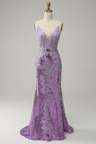 Mermaid Spaghetti Straps Purple Long Ball Dress with Appliques