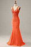 Mermaid V Neck Orange Long Ball Dress with Beading