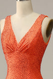 Mermaid V Neck Orange Long Ball Dress with Beading