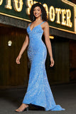 Sparkly Blue Spaghetti Straps Long Mermaid Ball Dress With Sequins