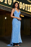 Sparkly Blue Spaghetti Straps Long Mermaid Ball Dress With Sequins