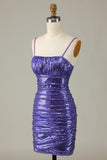 Sparkly Purple Sequins Spaghetti Straps Tight Short Ball Dress
