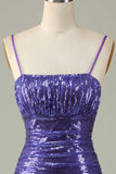 Sparkly Purple Sequins Spaghetti Straps Tight Short Ball Dress