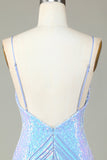 Sparkly Sheath Spaghetti Straps Blue Sequins Short Homecoming Dress with Backless