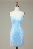 Sparkly Sheath Spaghetti Straps Blue Sequins Short Homecoming Dress with Backless