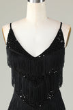 Sparkly Black Sequins Beaded Tight Short Ball Dress with Fringes