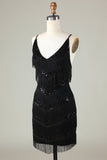 Sparkly Black Sequins Beaded Tight Short Ball Dress with Fringes