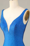 Sheath Deep V Neck Blue Short Cocktail Dress with Beading