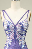 Sheath Spaghetti Straps Purple Sequins Short Homecoming Dress