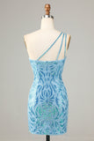 Blue Sheath One Shoulder Sequins Short Homecoming Dress with Tassel
