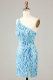 Blue Sheath One Shoulder Sequins Short Homecoming Dress with Tassel