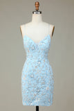Sparkly Blue Sequins Beaded Flowers Tight Short Ball Dress
