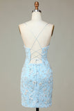 Sparkly Blue Sequins Beaded Flowers Tight Short Ball Dress