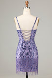 Purple Sparkly Sequins Spaghetti Straps Short Homecoming Dress with Fringes