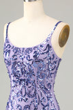 Purple Sparkly Sequins Spaghetti Straps Short Homecoming Dress with Fringes