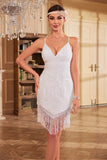 Bodycon Spaghetti Straps White Sequins 1920s Dress with Tassel