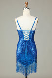 Sparkly Bodycon Spaghetti Straps Blue Lace-Up Back Short Ball Dress with Beading