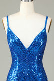 Sparkly Bodycon Spaghetti Straps Blue Lace-Up Back Short Ball Dress with Beading