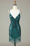 Sparkly Bodycon Spaghetti Straps Green Lace-Up Back Short Ball Dress with Beading