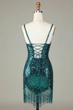 Sparkly Bodycon Spaghetti Straps Green Lace-Up Back Short Ball Dress with Beading
